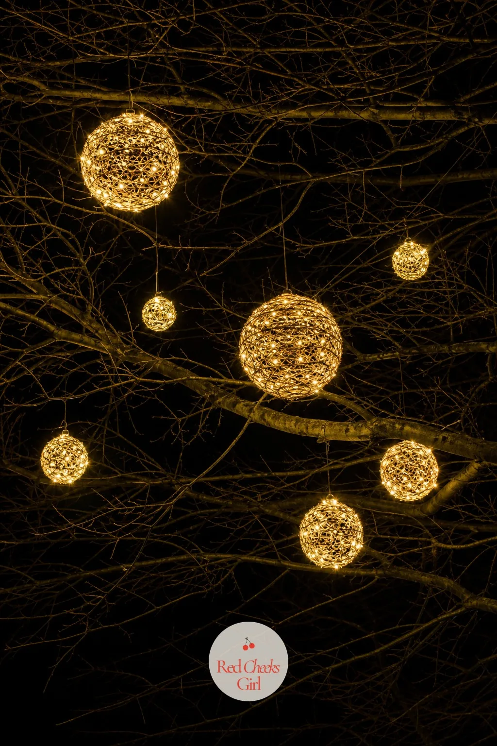 Glowing Light Balls Hung From Bare Branches — A tree with no leaves left can still carry ornament, just not the breakable kind. Simple outdoor christmas lights