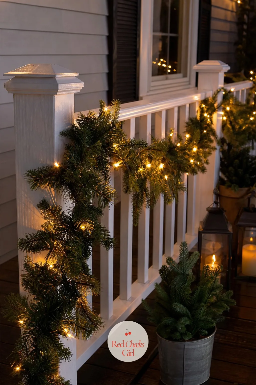 A Lit Garland Wrapped Around the Porch Railing — A bare porch railing looks forgotten next to a glowing door. Simple outdoor christmas lights