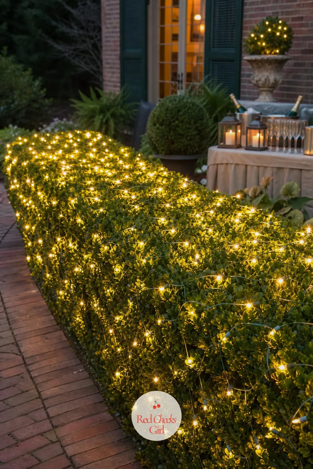 Net Lights Draped Over a Boxwood Hedge — A whole hedge strung light by light is a genuine afternoon lost. Simple outdoor christmas lights
