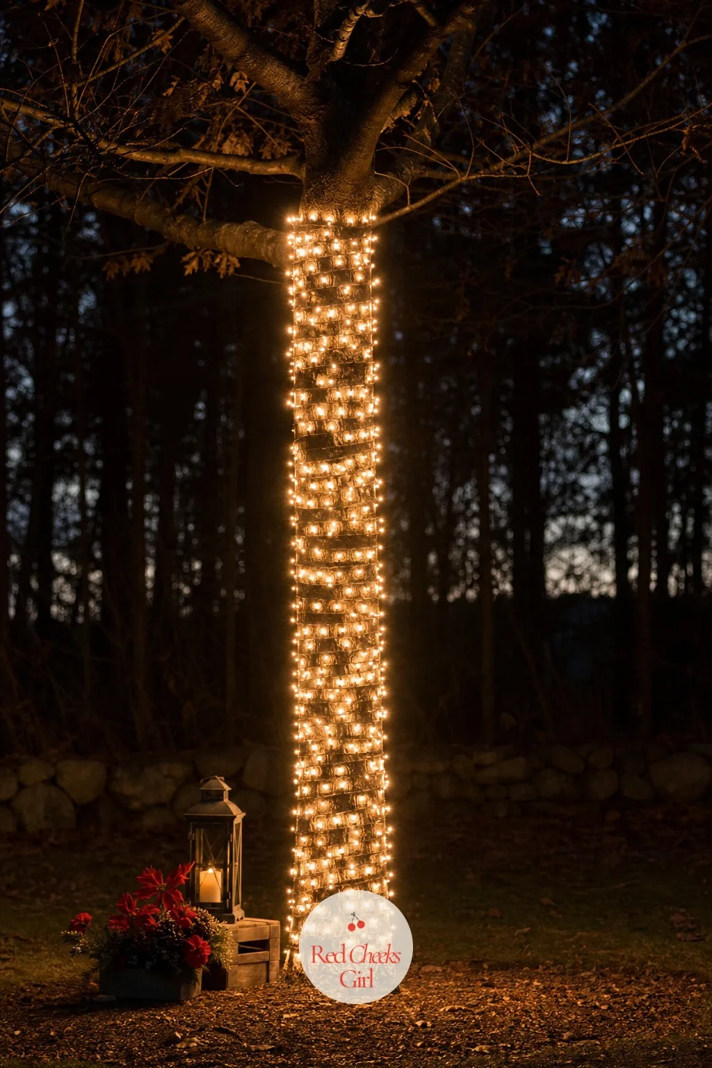 A Tree Trunk Wrapped Into a Glowing Pillar — A bare winter tree can look like a problem to solve or a shape to use. Simple outdoor christmas lights