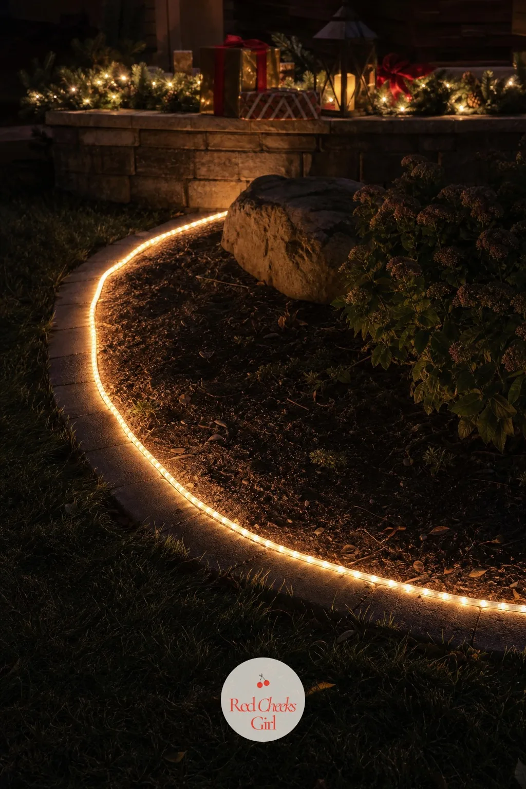 Warm Rope Light Outlining a Flower Bed or Low Wall — A flower bed that sleeps all winter looks like a gap in the garden. Simple outdoor christmas lights