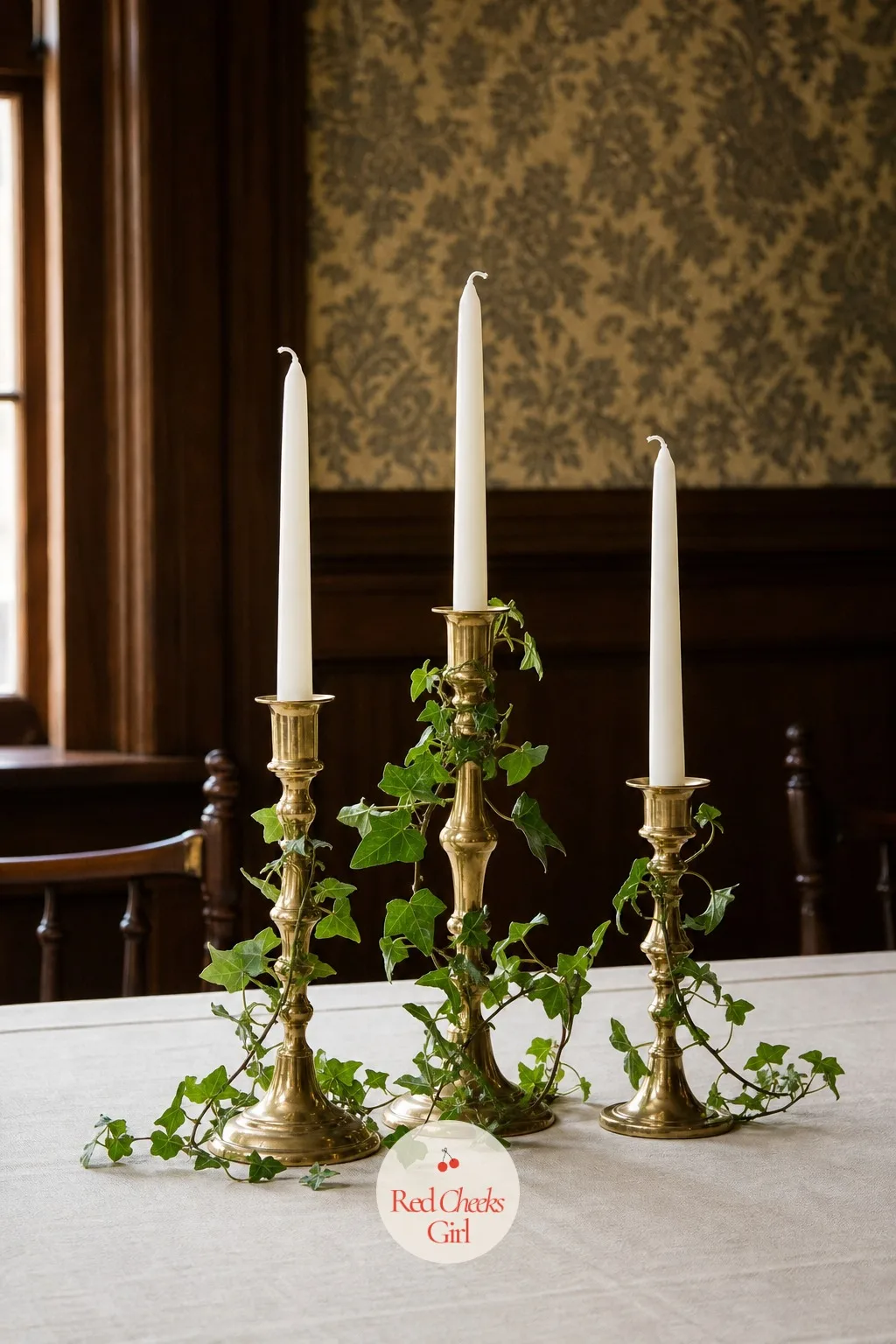 Brass Candlesticks With Trailing Ivy — A grand dining room can carry something a little more formal than votives, and antique-style brass candlesticks answer