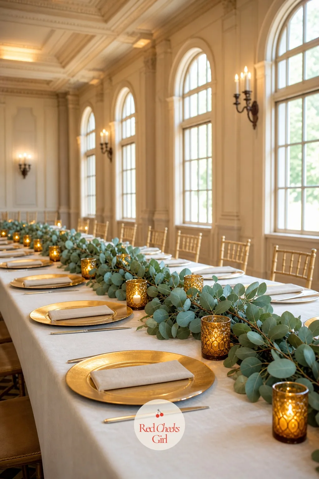 Eucalyptus Runner With Votives — A long banquet table wants something that runs its whole length, and a eucalyptus runner does that for a fraction of a floral