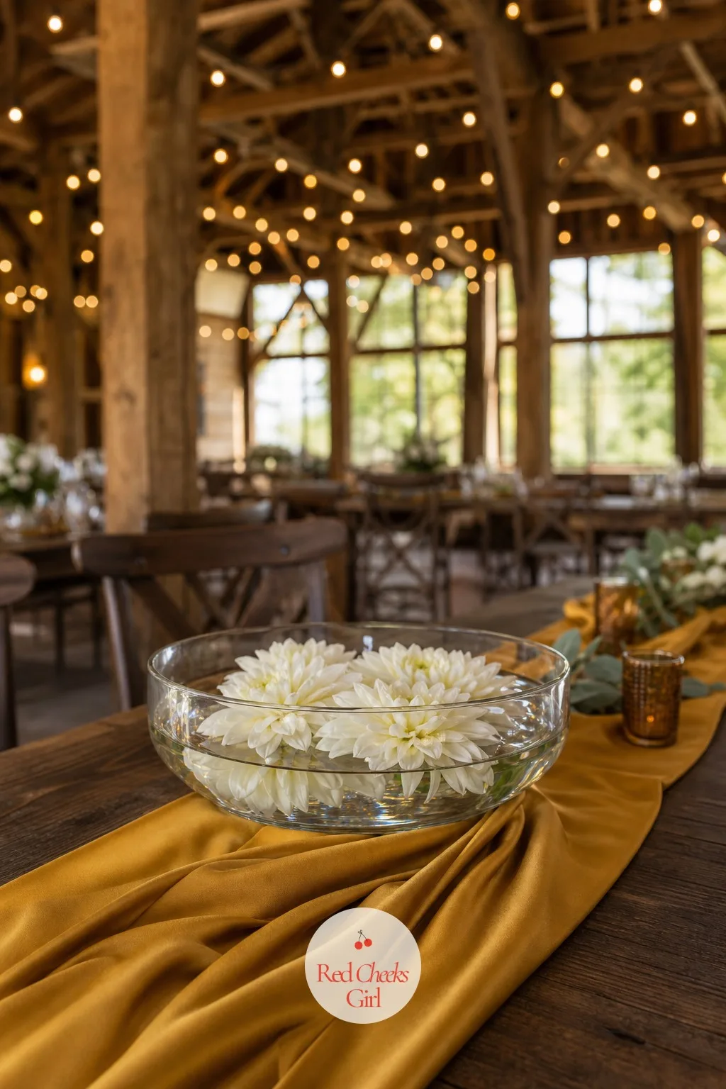 Floating Flowers in a Glass Bowl — A barn table can feel heavy with tall arrangements down its length, and a wide glass bowl of floating blooms sits low enough