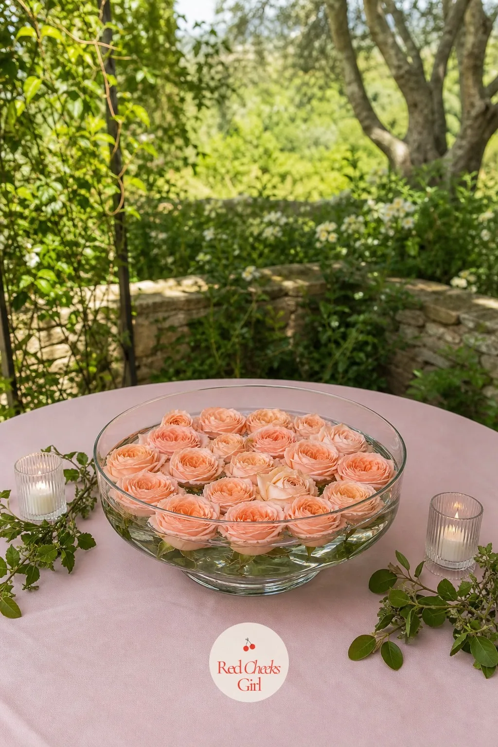 Floating Rose Heads in a Wide Glass Bowl — A garden terrace table in full daylight wants something that catches light rather than fights it, and floating roses