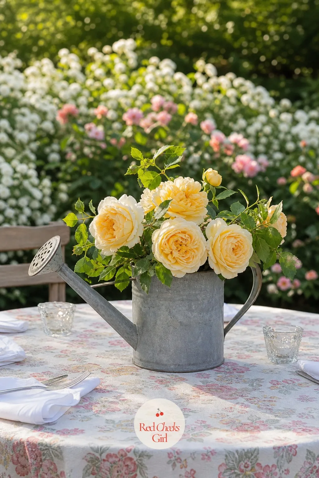 Garden Roses in a Vintage Watering Can — A garden party reception already has its prop sitting in the shed, and a galvanized watering can full of roses leans