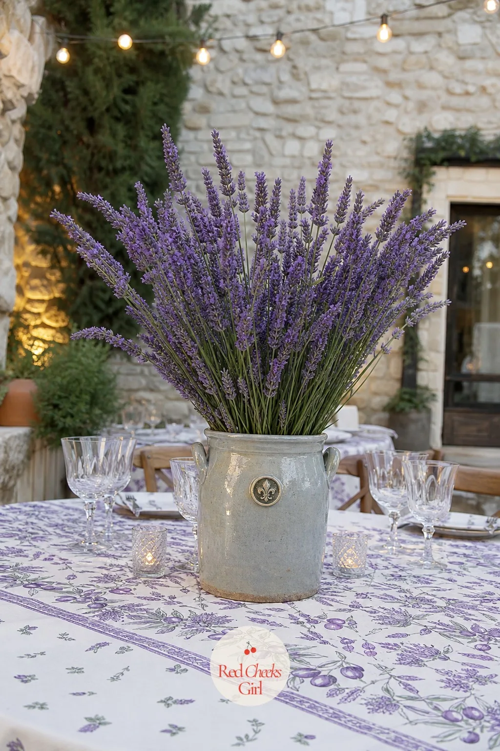 Lavender Stems in a Stoneware Crock — A French countryside-inspired reception wants a vessel with some weight and texture to it, and a stoneware crock full of