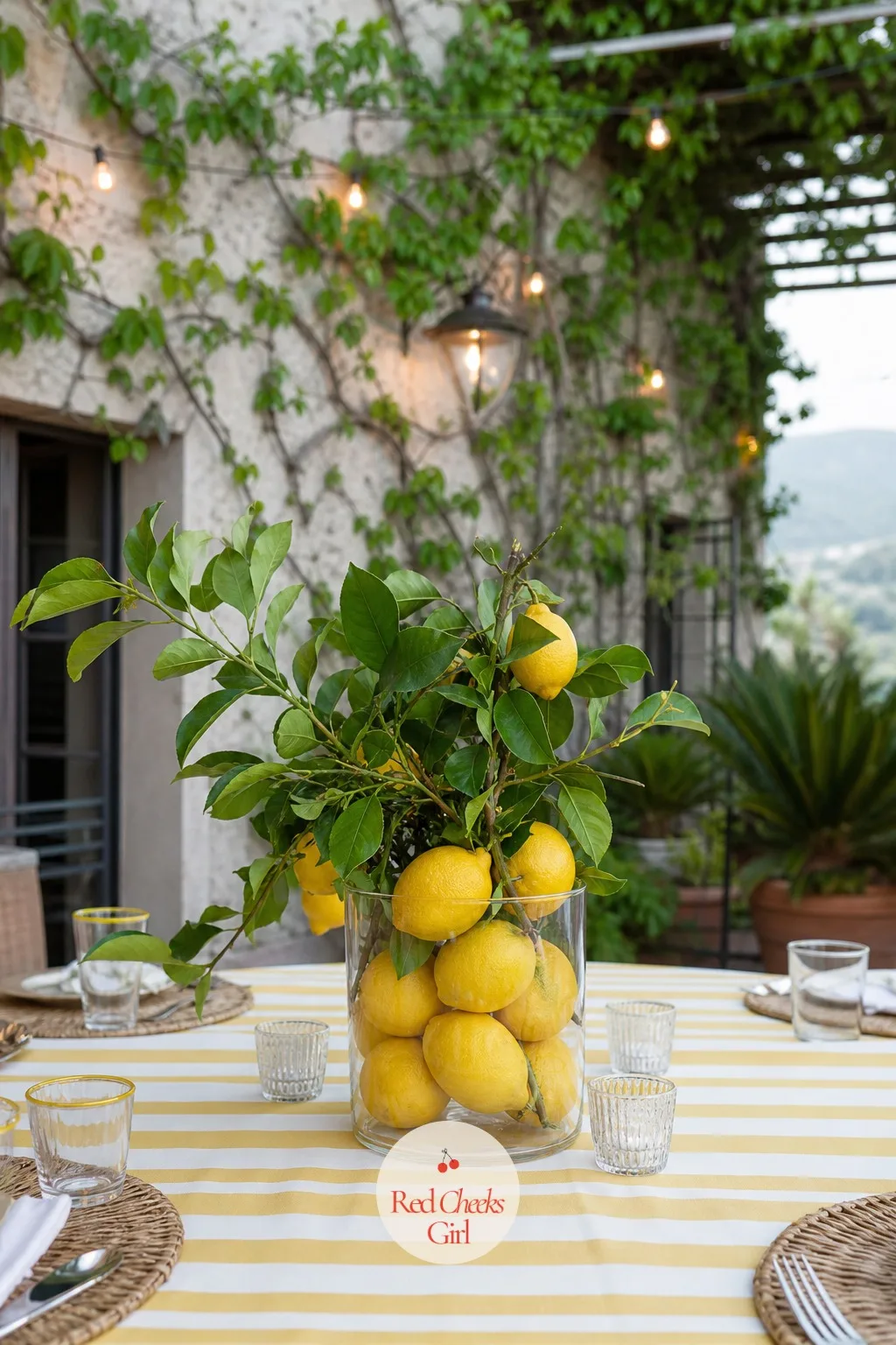 Lemons in a Glass Vase With Leaves — Flowers are not the only thing that reads as fresh on a table, and a vase of lemons proves it for a fraction of the cost.