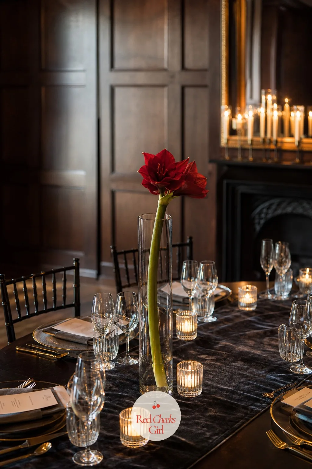 A Lone Amaryllis Stem in a Tall Cylinder — A winter or deep-autumn table can feel flat without a single bold note, and one amaryllis stem supplies it without