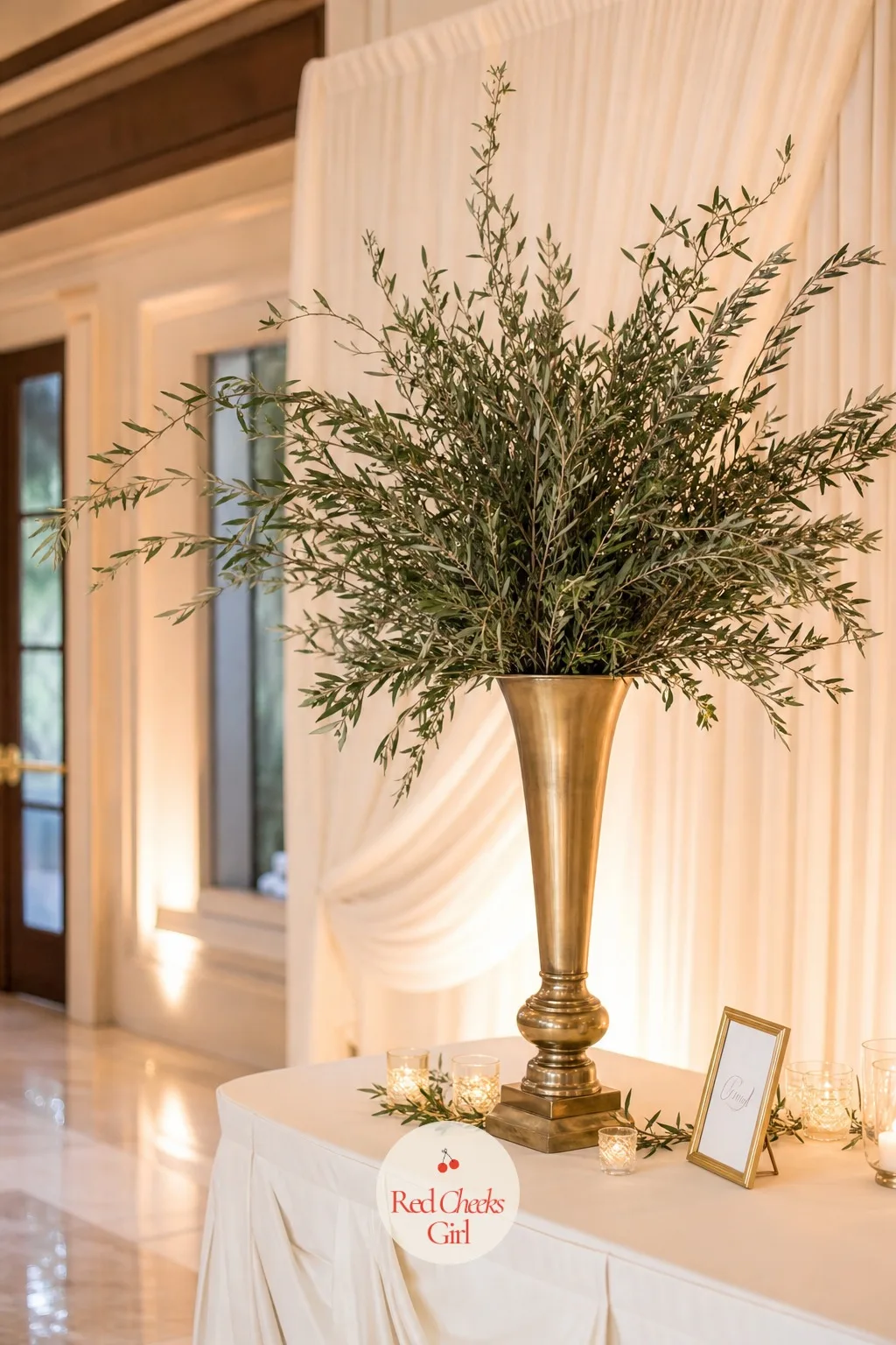 Olive Branches in a Tall Floor Vase — A sweetheart table or an entrance console wants something with height that still reads as quiet rather than loud, and