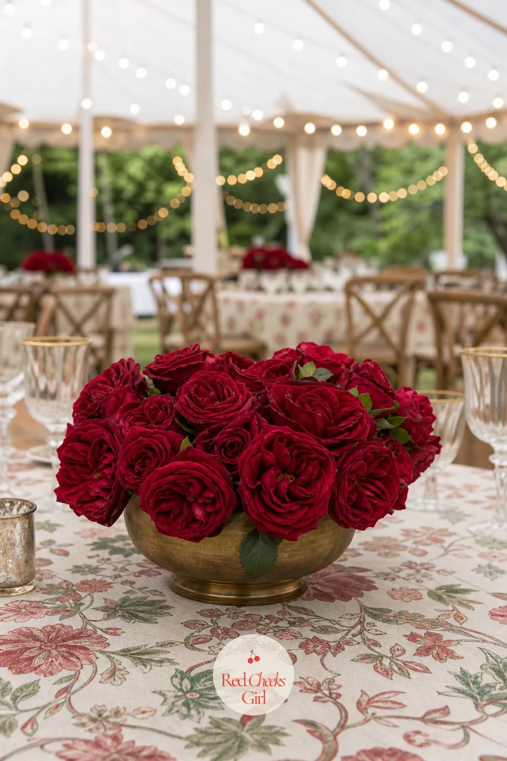 One Low Bowl of Garden Roses — A tall arrangement can block the table's conversation entirely, and a low bowl of roses solves that while still looking full.