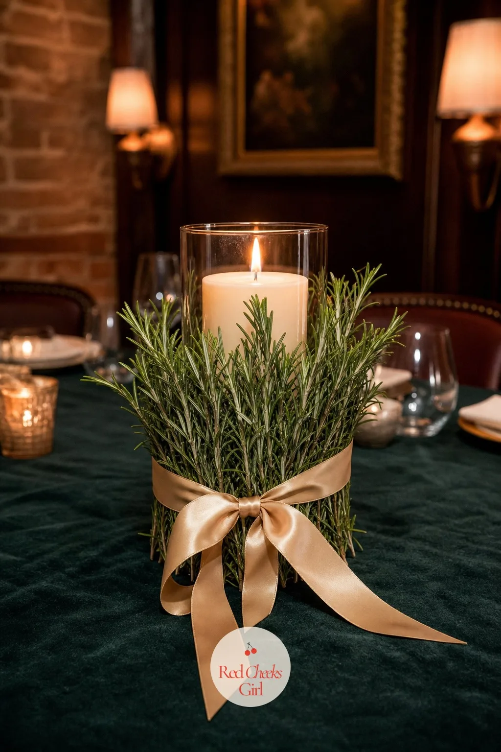 Rosemary Sprigs Bundled Around a Candle — An herb bundle costs almost nothing and smells better than most flowers once the candle warms it slightly. Simple