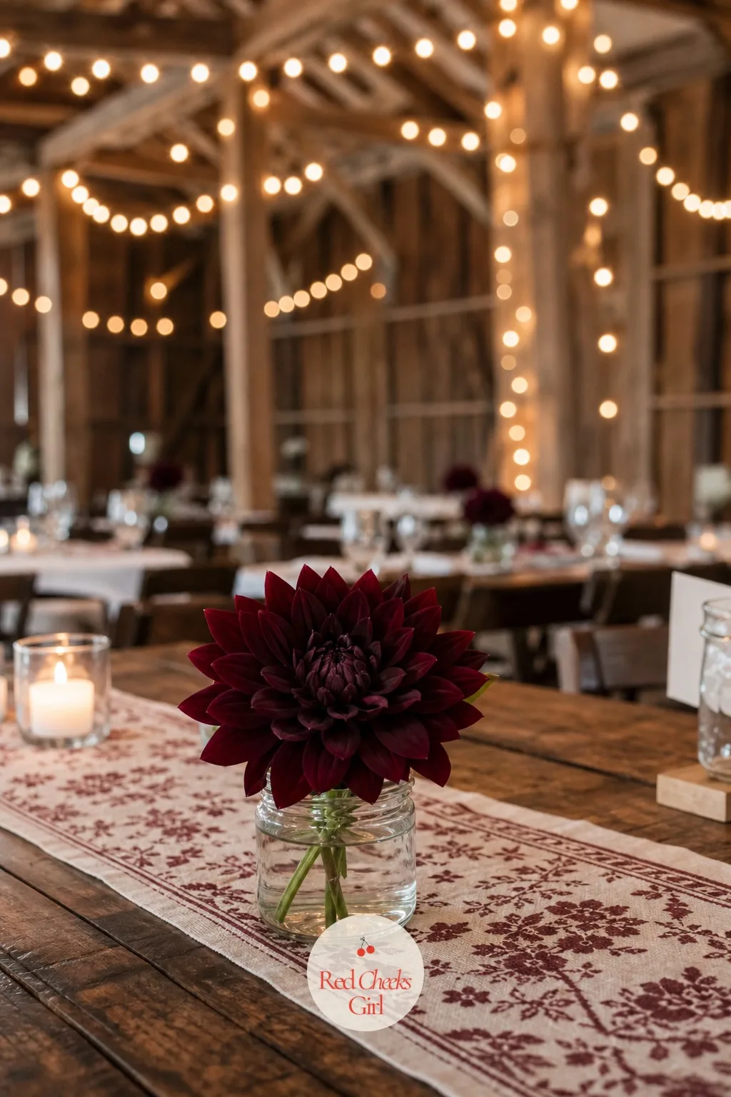 Single Dahlia in a Short Mason Jar — A barn table can tip into clutter fast with too many props on it, so pull it back to one jar, one flower. Simple wedding