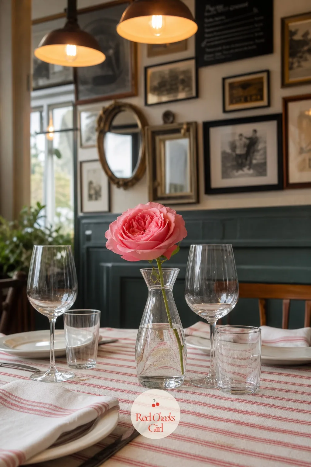 Single Garden Rose in a Mini Carafe — A small bistro table for a wedding breakfast or intimate dinner does not want a big arrangement in the way of