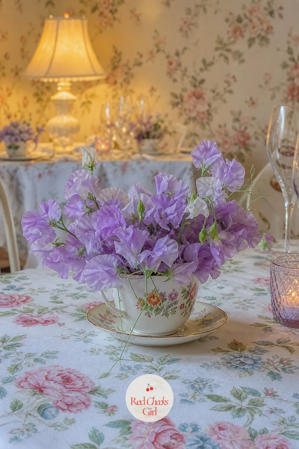 Sweet Pea Posy in a Teacup — A vintage tea-room reception wants something scaled down, and a sweet pea posy in a single teacup suits the whole room's