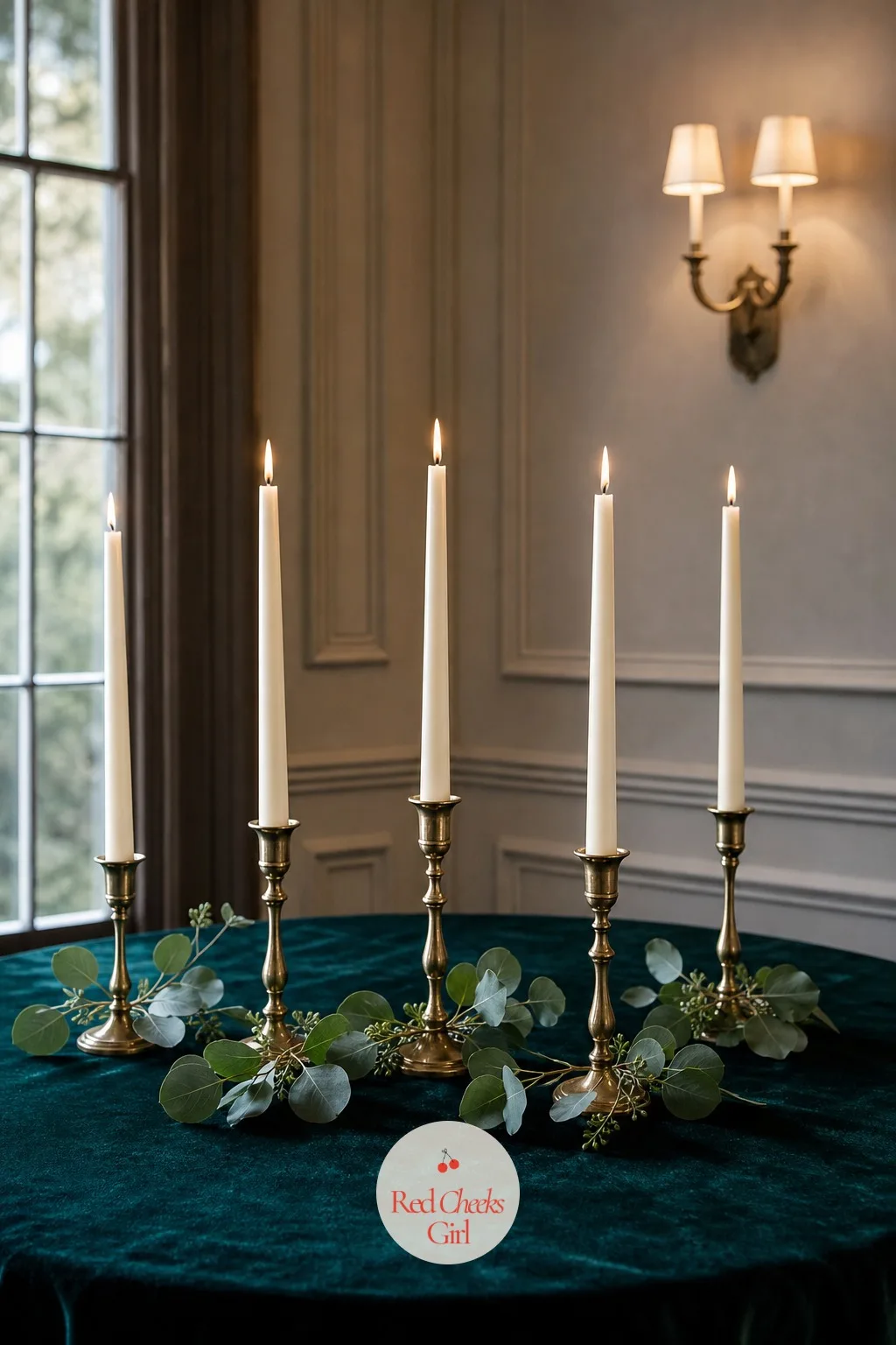 Taper Candles With a Greenery Sprig — A table can look beautifully lit without a single open flower on it, and this is the simplest version of that idea.