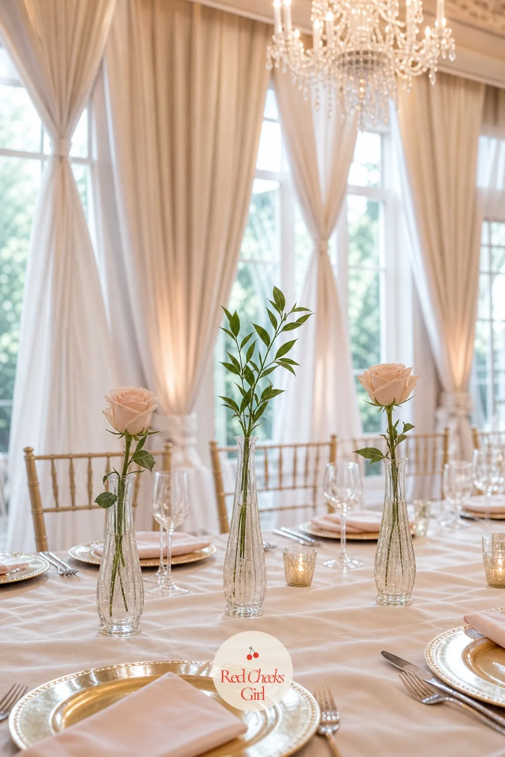 Three Bud Vases With Single Stems — One flower alone on a long table can look like an afterthought, so group three. Simple wedding centerpieces