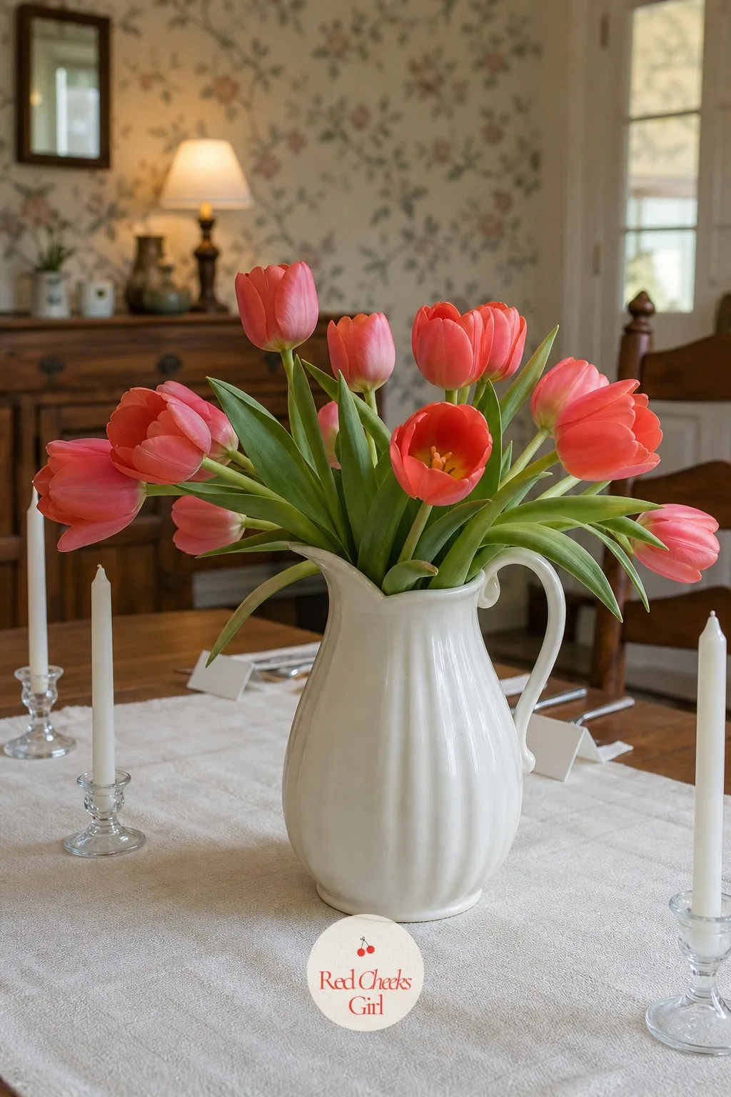 Tulips in a Pitcher — A farmhouse-style reception wants something that looks picked from a garden rather than ordered from a catalogue, and a pitcher of tulips