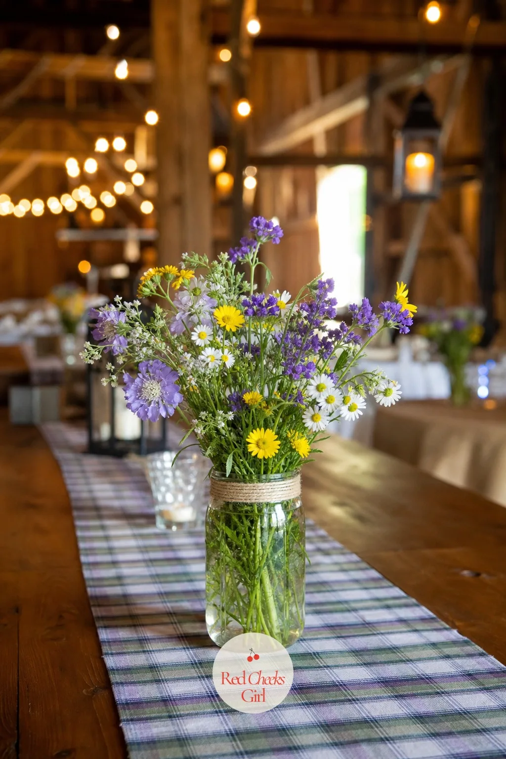 Wildflowers in a Small Jar — A barn or outdoor wedding can lean into its setting rather than fight it, and a small jar of mixed wildflowers does exactly that.