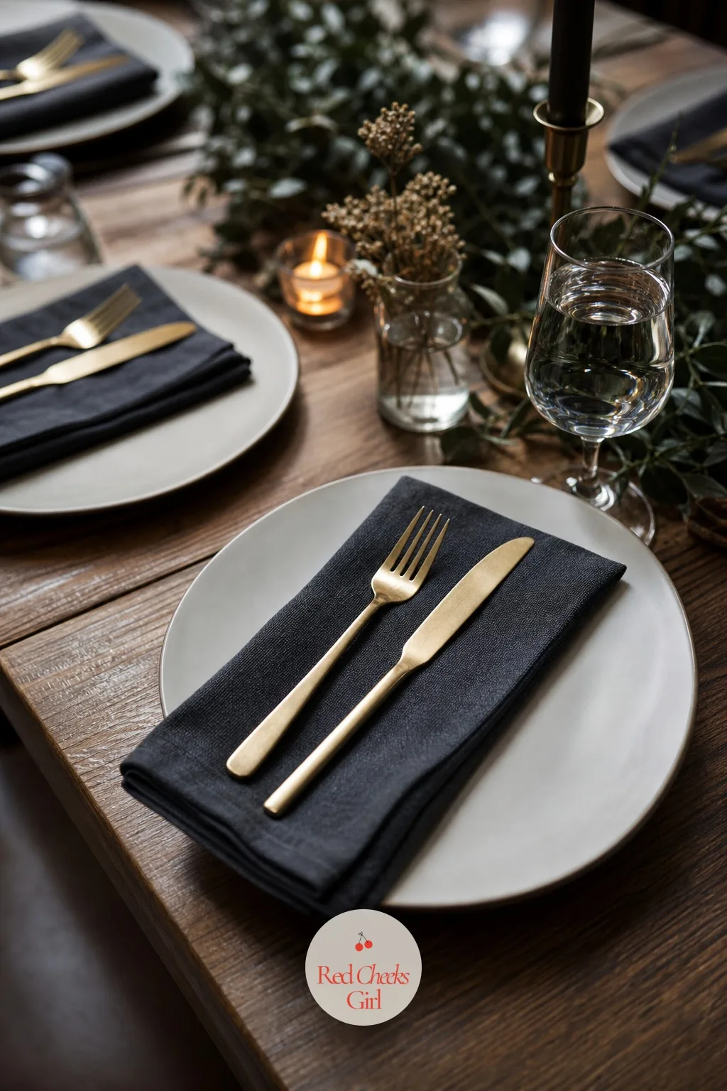 Brass Cutlery on Folded Napkins — Standard silver flatware disappears a little against a white plate, especially under warm restaurant lighting. Simple wedding