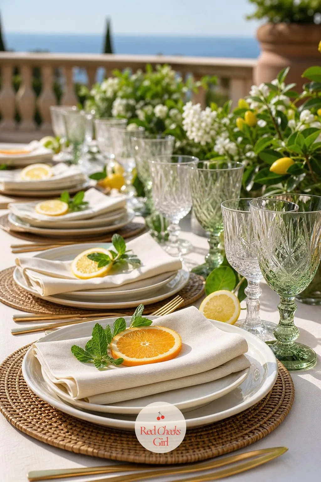 Citrus Slices Tucked Among Place Settings — A table can lean heavily on green and white without a single warm colour breaking it up, which starts to feel a
