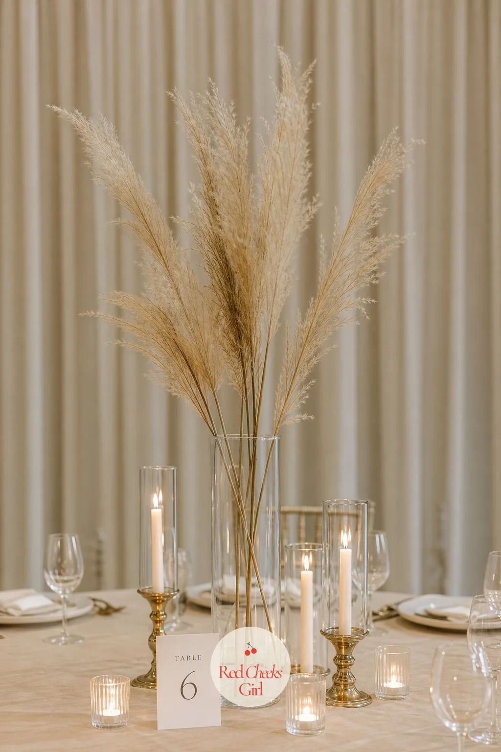 Dried Pampas Grass in Tall Glass Vases — Fresh flowers wilt under hours of reception heat and photography lights, which is the quiet argument for something