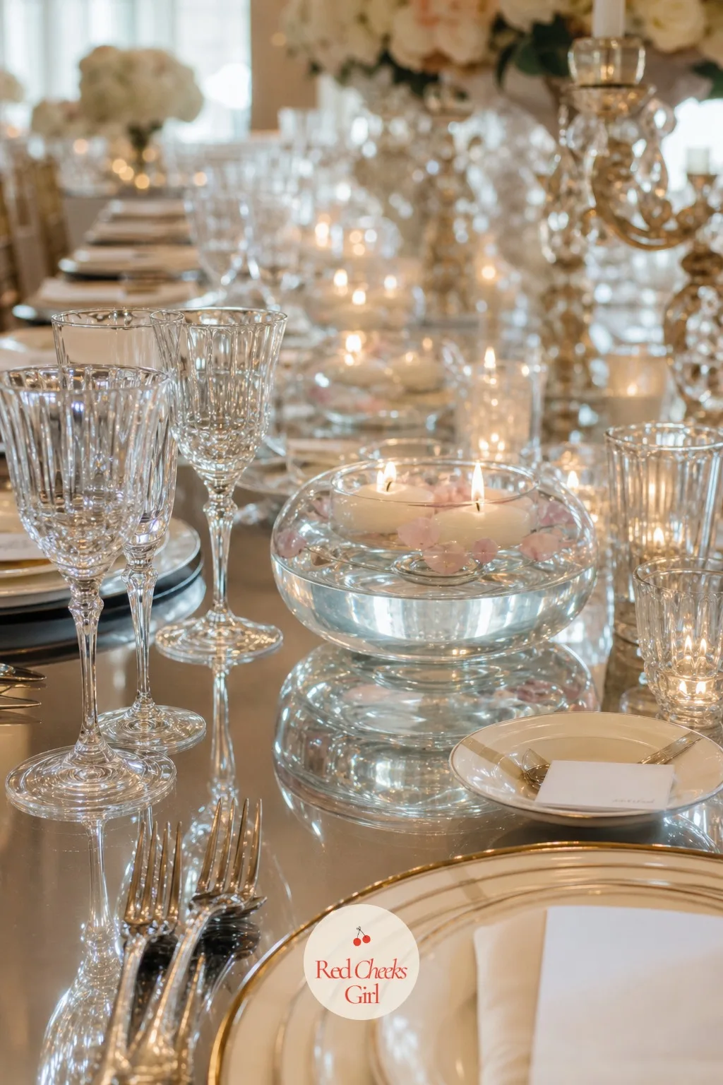 Floating Candles in Low Bowls — Tall arrangements block the view across a round table and make conversation awkward for anyone not sitting directly opposite.