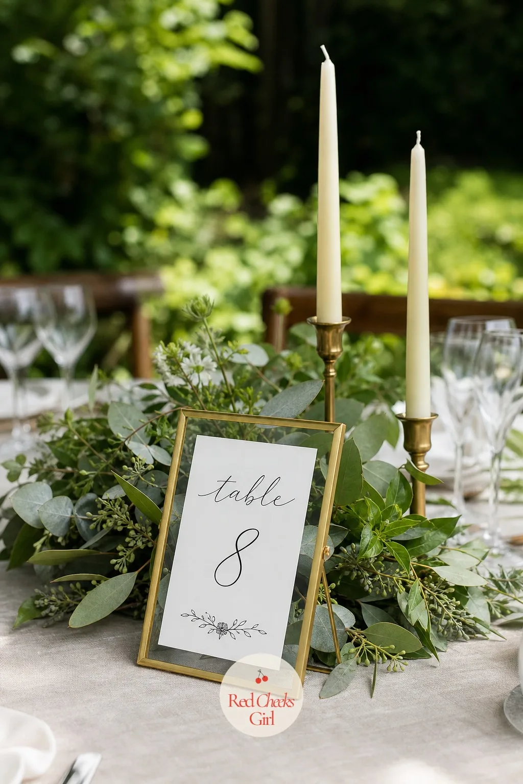 Framed Table Numbers Against Greenery — A table number propped bare against a plate or glass can look like an afterthought clipped on at the last minute.
