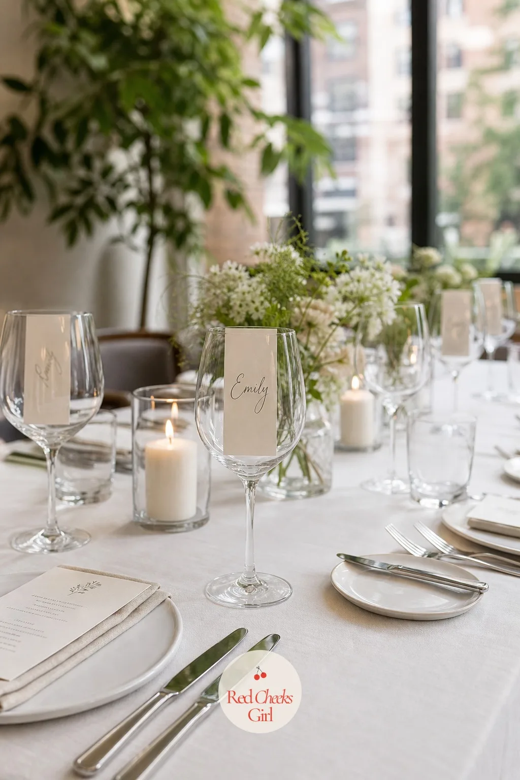 Hand-Lettered Place Cards Tucked in Stemware — A name card lying flat on the tablecloth can slide, curl, or simply get lost under a plate before the guest even