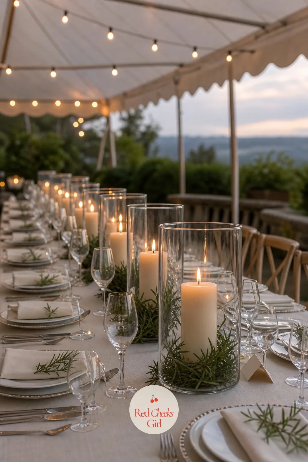 Hurricane Lanterns Down the Center — Open flames outdoors have an obvious problem: wind. Simple wedding table decor