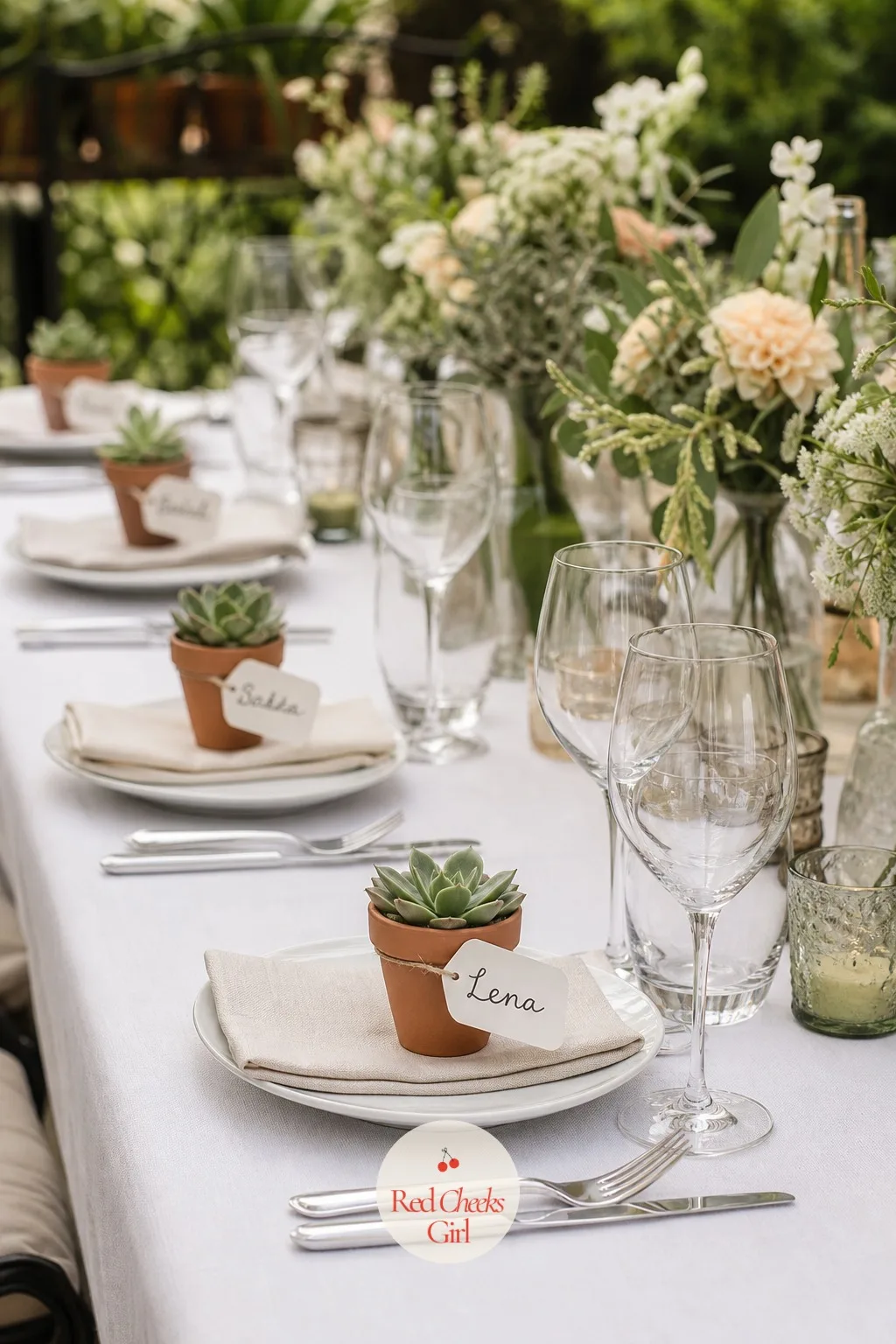Mini Potted Succulent at Each Place Setting — A favour sitting separately from the table decor often gets forgotten in a drawer somewhere in the venue by the