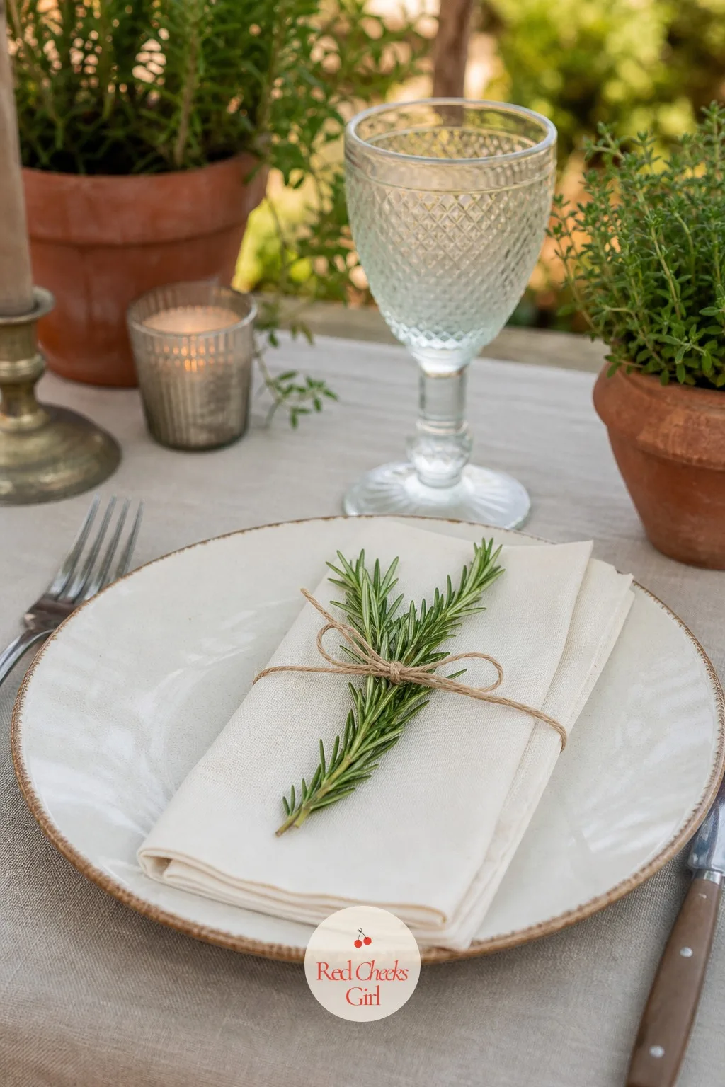 Napkin With a Sprig of Rosemary — A folded napkin on its own can look like an afterthought, something the catering staff did rather than something anyone