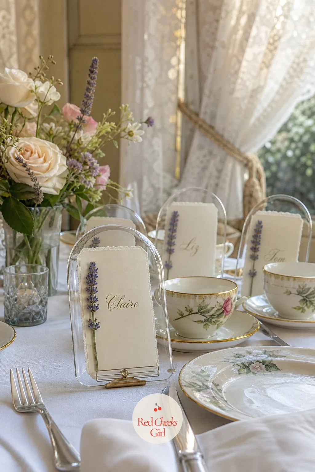Pressed Flower Place Cards Under Glass — A flat paper place card can disappear visually against a busy table, especially once the candles are lit and the