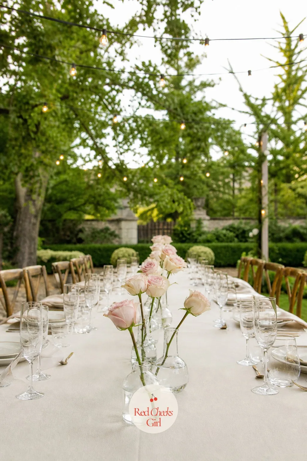 Row of Bud Vases With Single Stems — A bare run of table down the middle looks like an oversight, not a choice, which is the worry that sends most brides