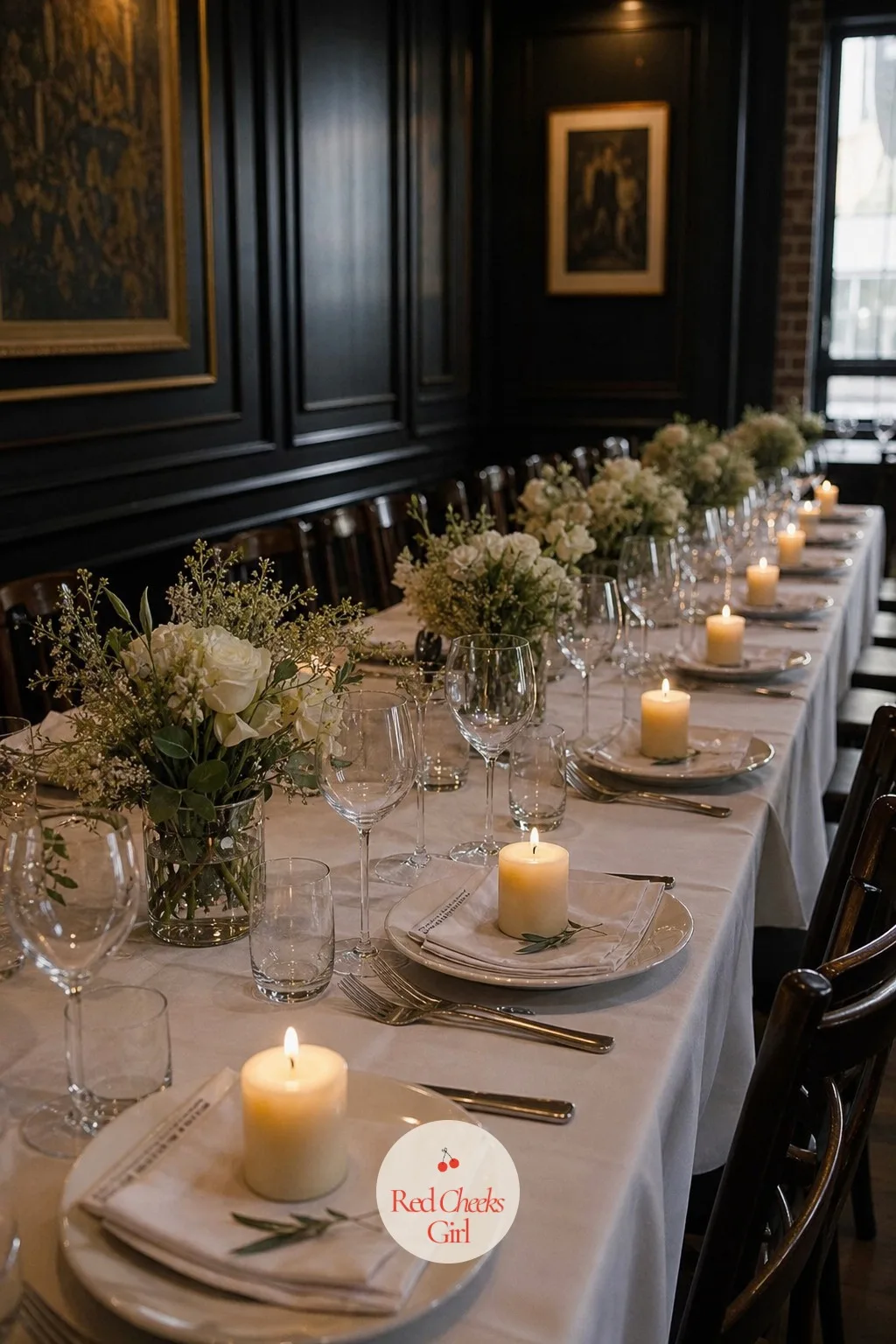 Single Pillar Candle at Each Place Setting — Centerpiece budgets tend to swallow everything else, leaving the actual place settings looking plain by