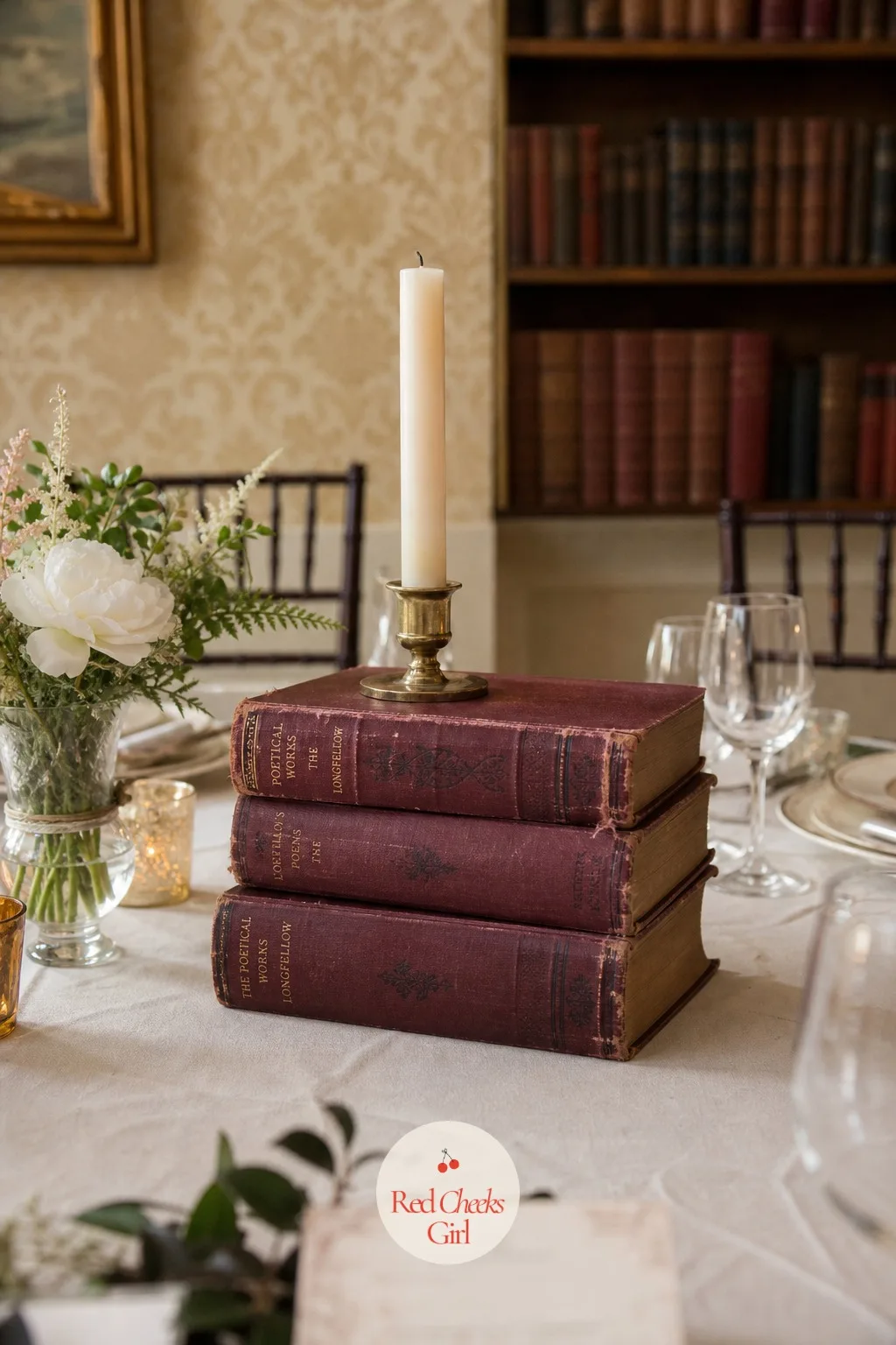 Stacked Vintage Books With a Single Candle on Top — If the two of you met in a library, or just never wanted the table to look like everyone else's, flowers