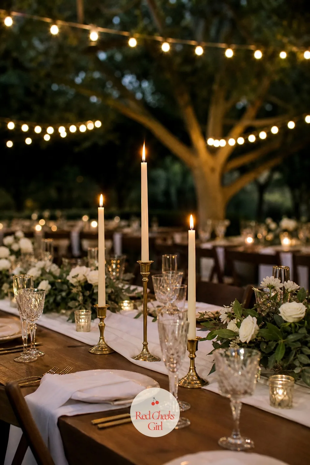 Taper Candles in Brass Holders — Overhead lighting at most venues is flat and slightly unflattering, which is the real reason candlelit tables photograph so