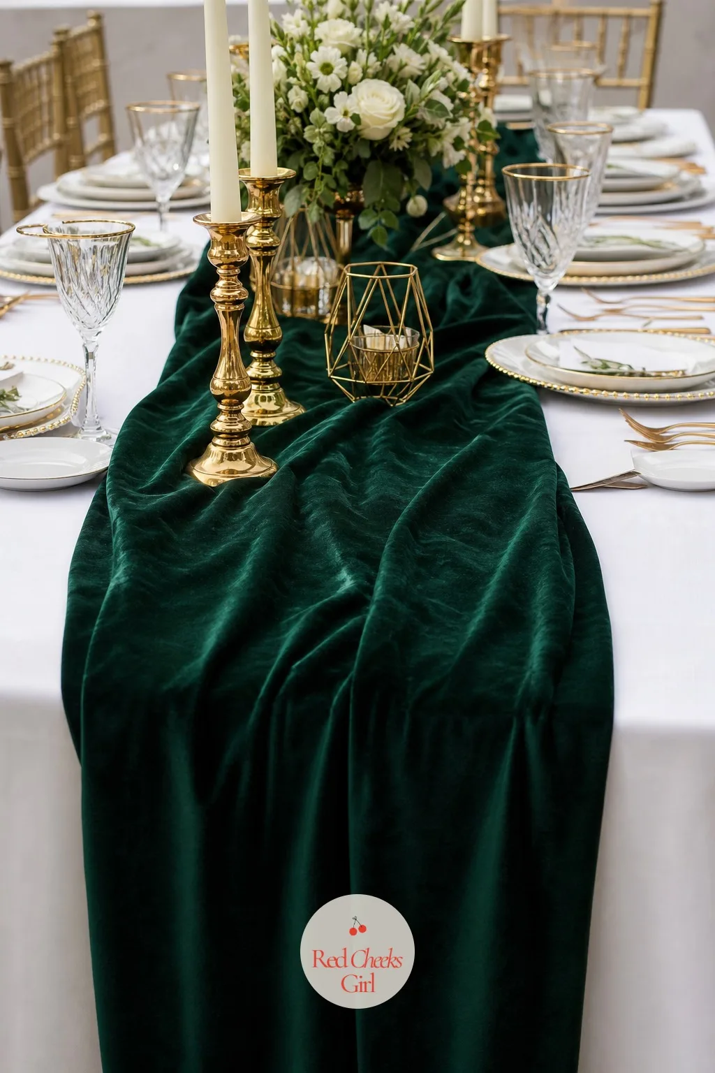 Velvet Runner on a Crisp White Cloth — A plain white cloth on its own can feel more like a hotel conference table than a wedding, especially under bright