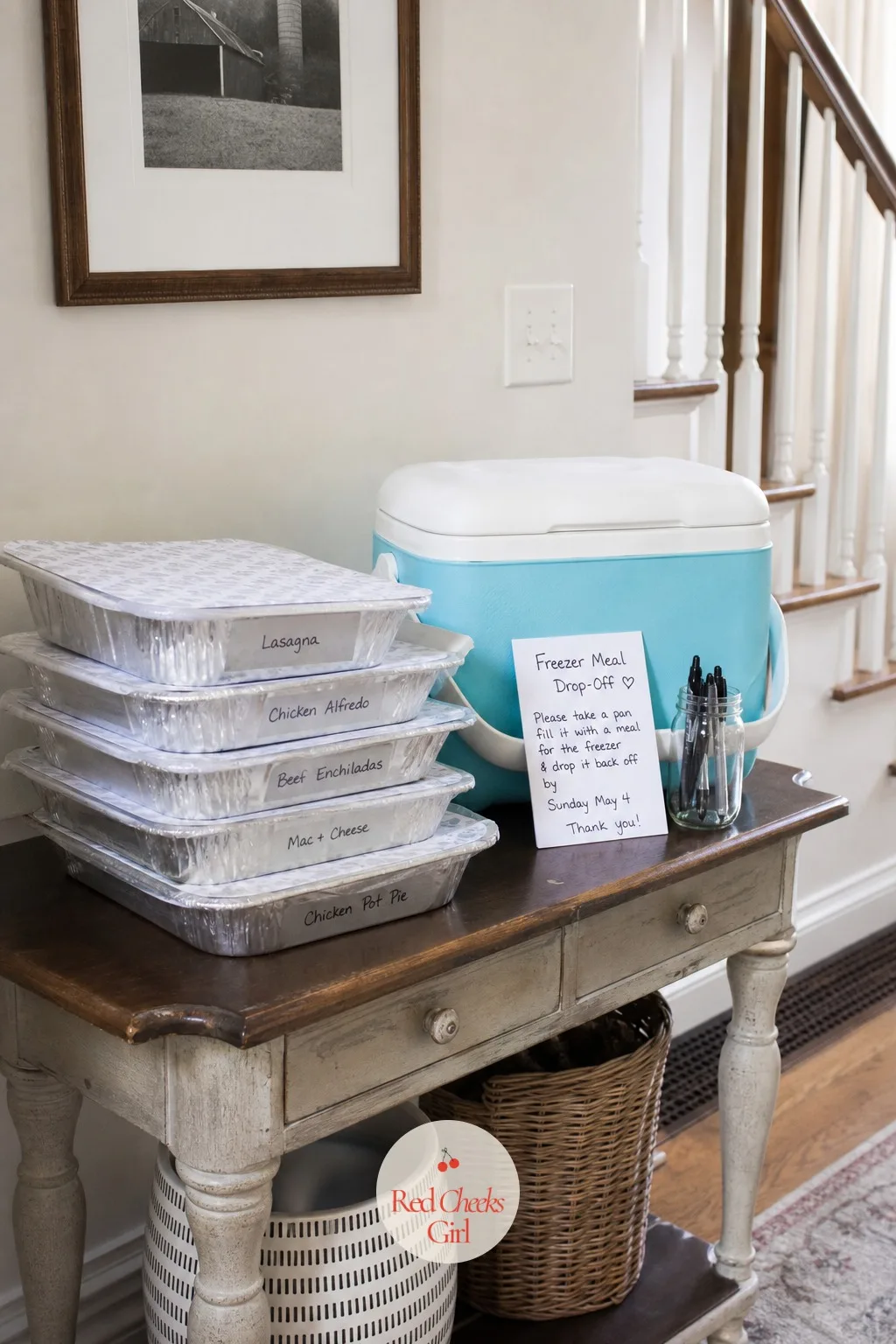 Freezer Meal Drop-Off Table — Guests who would rather cook than shop appreciate a place to set a labeled dish down without walking it through the whole house