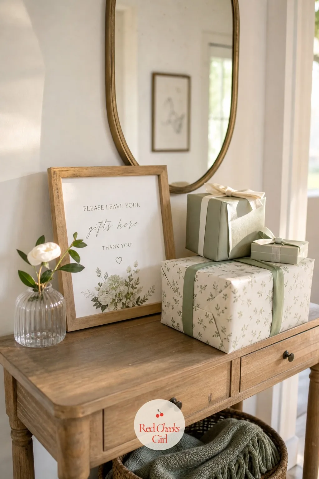 Gift Drop Table — A pile of gifts on the living room floor turns into a tripping hazard by the second hour, so give them a landing spot the moment guests walk