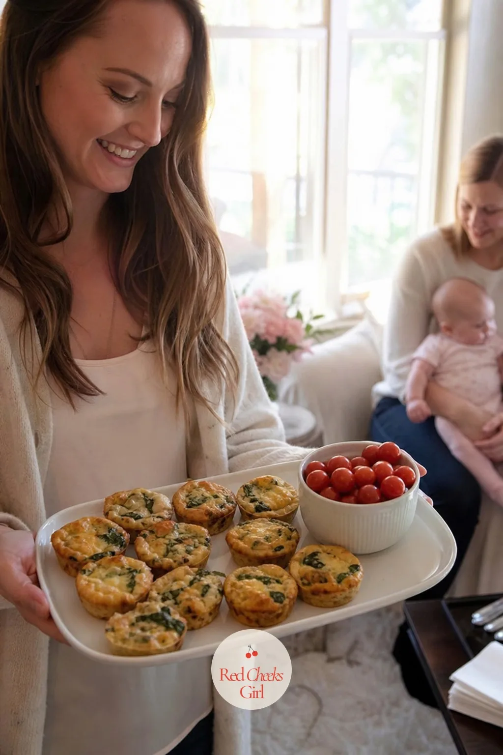 Quiche Bites — Something warm and savory on the table keeps the spread from tipping entirely into sugar, and mini quiches do that in exactly one bite. Sip and