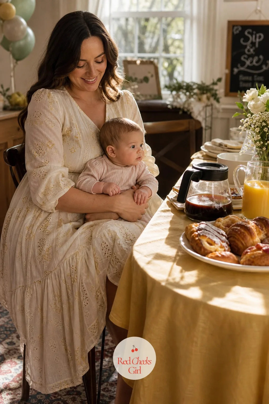 Weekend Brunch Version — Morning light is kinder to everyone in the room, the baby included, and a brunch slot means guests arrive already dressed for