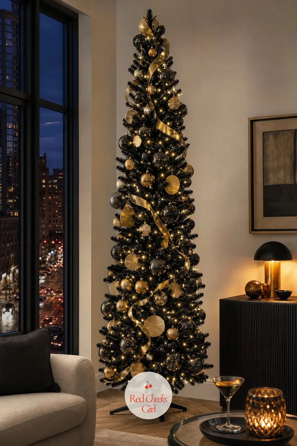 A Black Pencil Tree in Gold and Smoke — An artificial matte black slim pencil tree, the kind that reads as furniture as much as decoration. Slim christmas tree