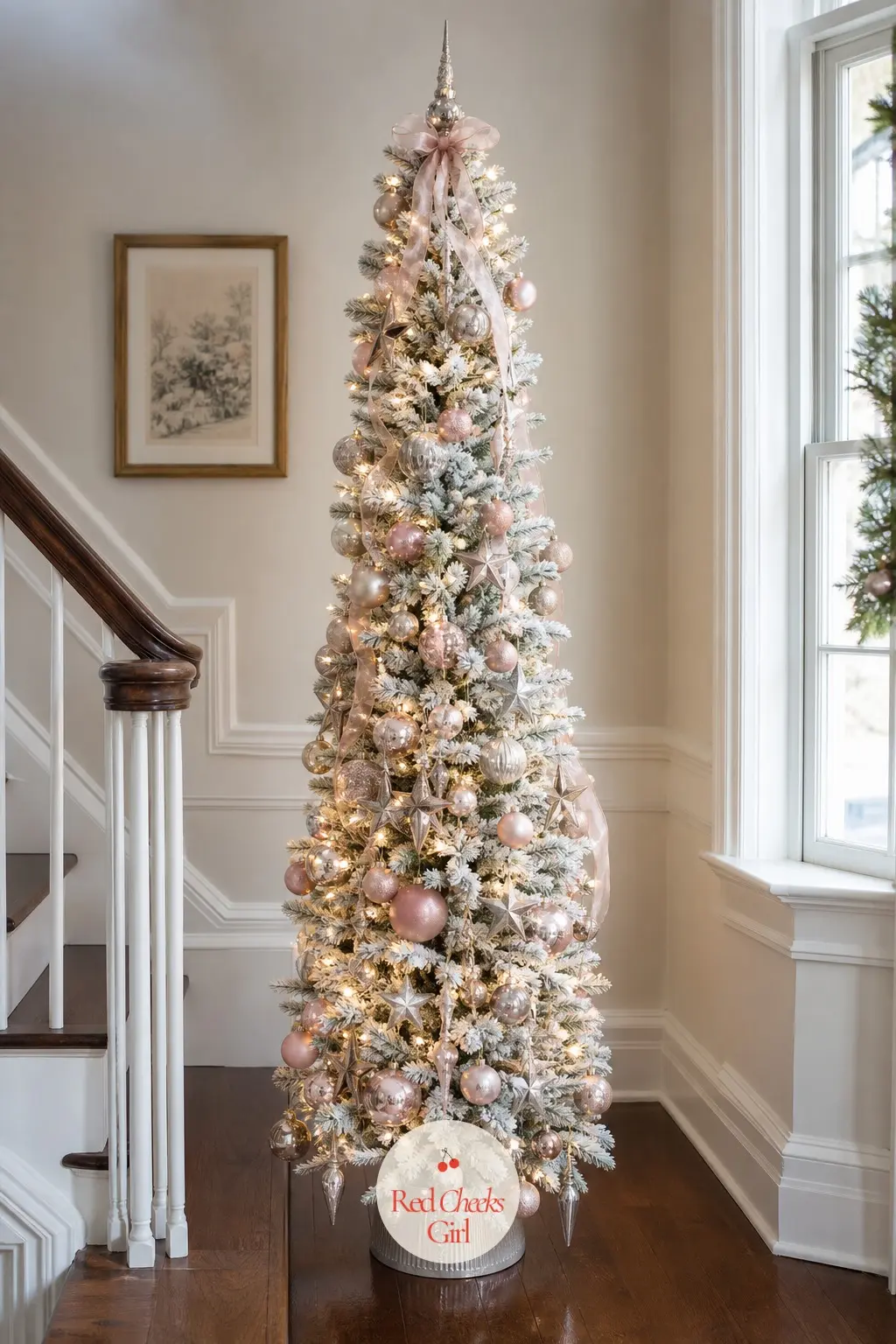 A Flocked Pencil Tree in Blush and Pewter — This is an artificial slim pencil tree, pre-flocked so the tips already look snow-dusted before a single ornament