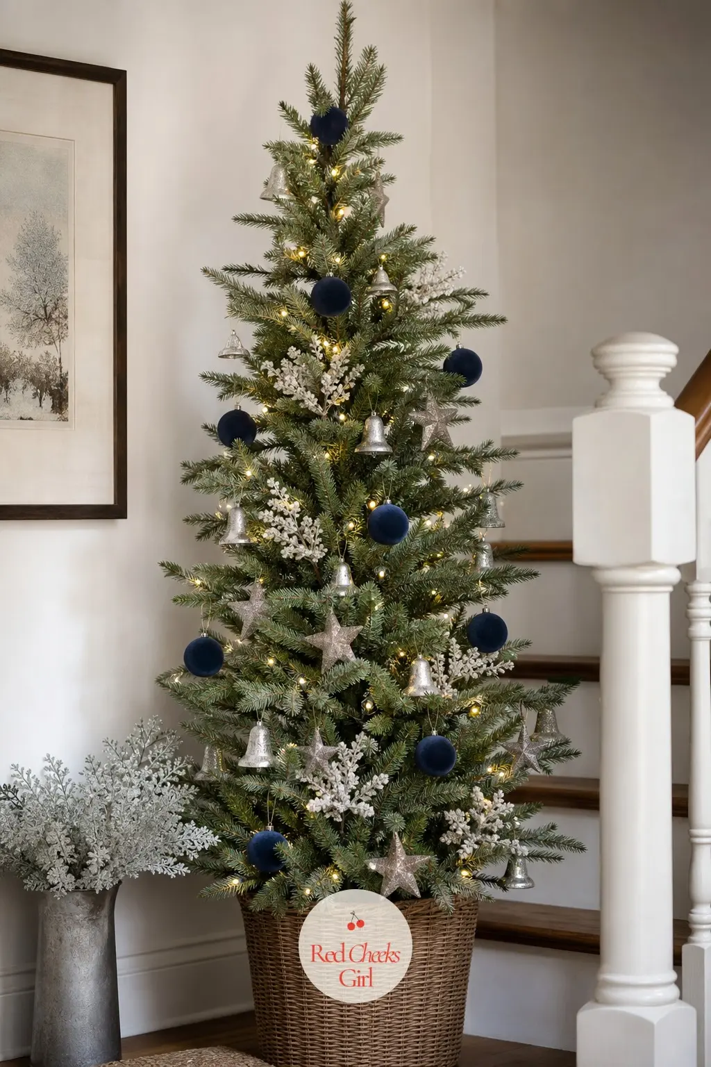 A Narrow Balsam Fir in Navy and Pewter — A cut balsam fir, pruned slim, chosen for the deep green that reads almost black under low light, a good base for