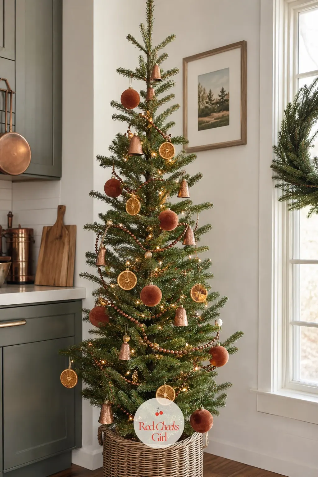 A Narrow Douglas Fir in Copper and Rust — A cut Douglas fir, pruned narrow, picked for its softer, more open branches that suit a looser, warmer look than the