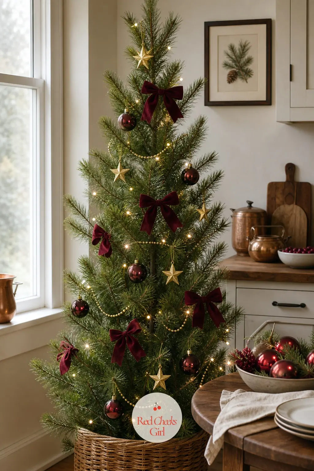 A Narrow Scotch Pine in Cranberry and Gold — A cut Scotch pine, pruned slim, one of the sturdiest real trees for hanging heavier glass without the branches