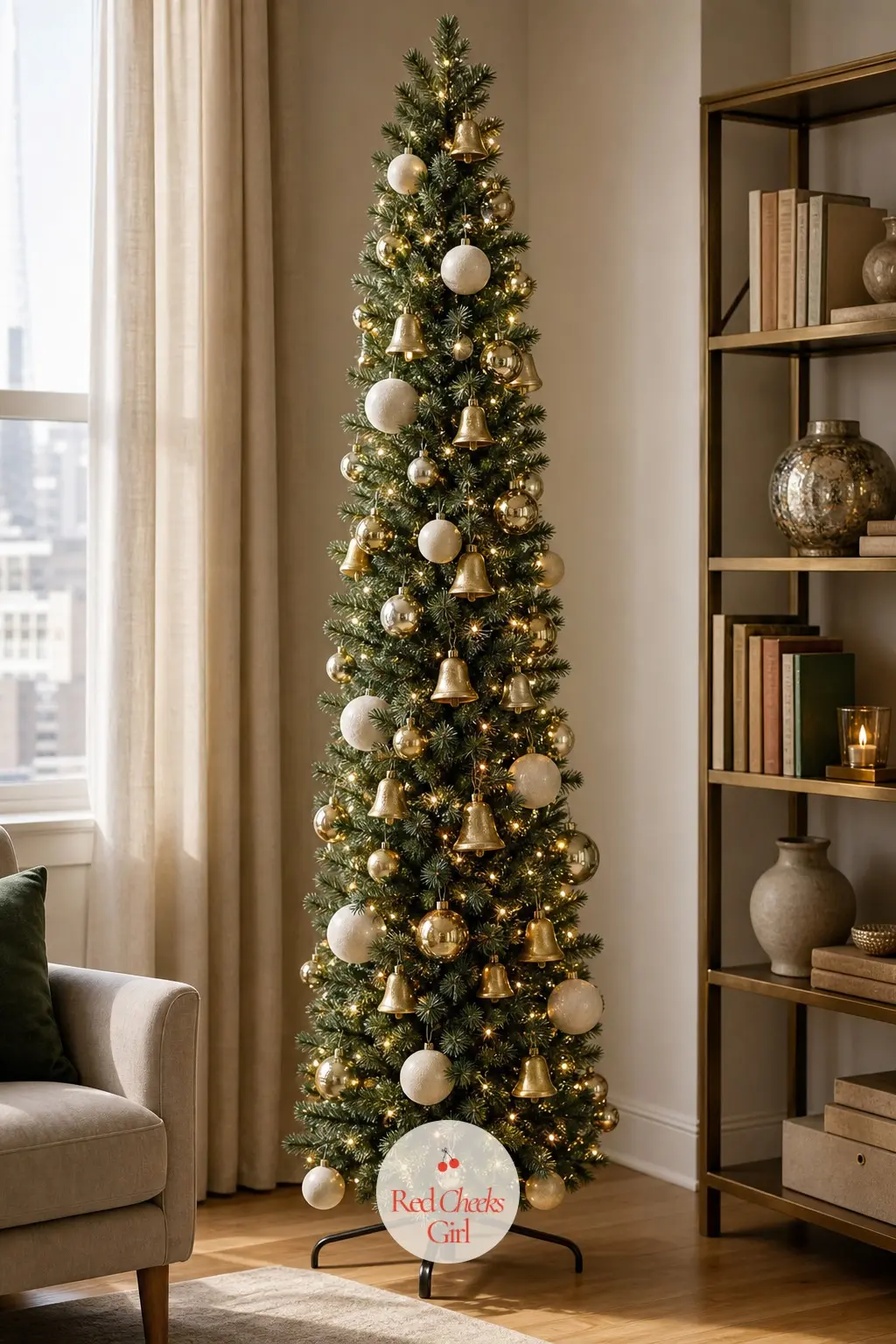 The Pencil Tree in Brass and Ivory — A classic green slim pencil tree, artificial, dressed to look far grander than its narrow frame suggests. Slim christmas