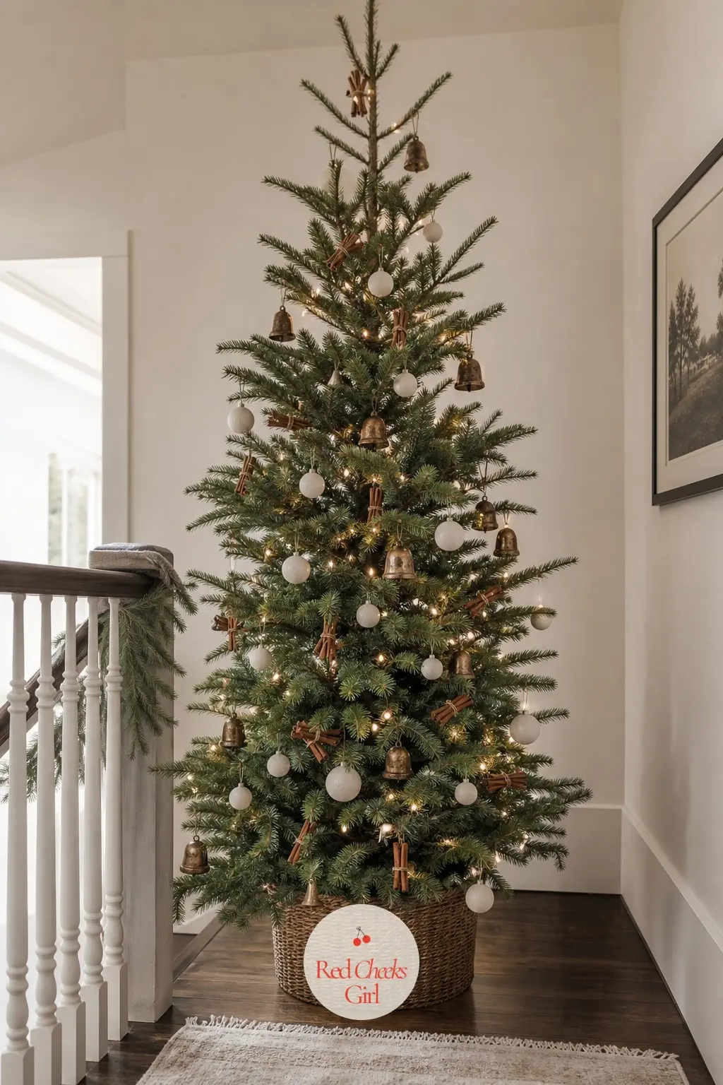 A Real Cedar Slender Tree in Cinnamon and Cream — A cut Eastern red cedar, naturally narrower and more irregular than a farmed fir, which gives it a loose