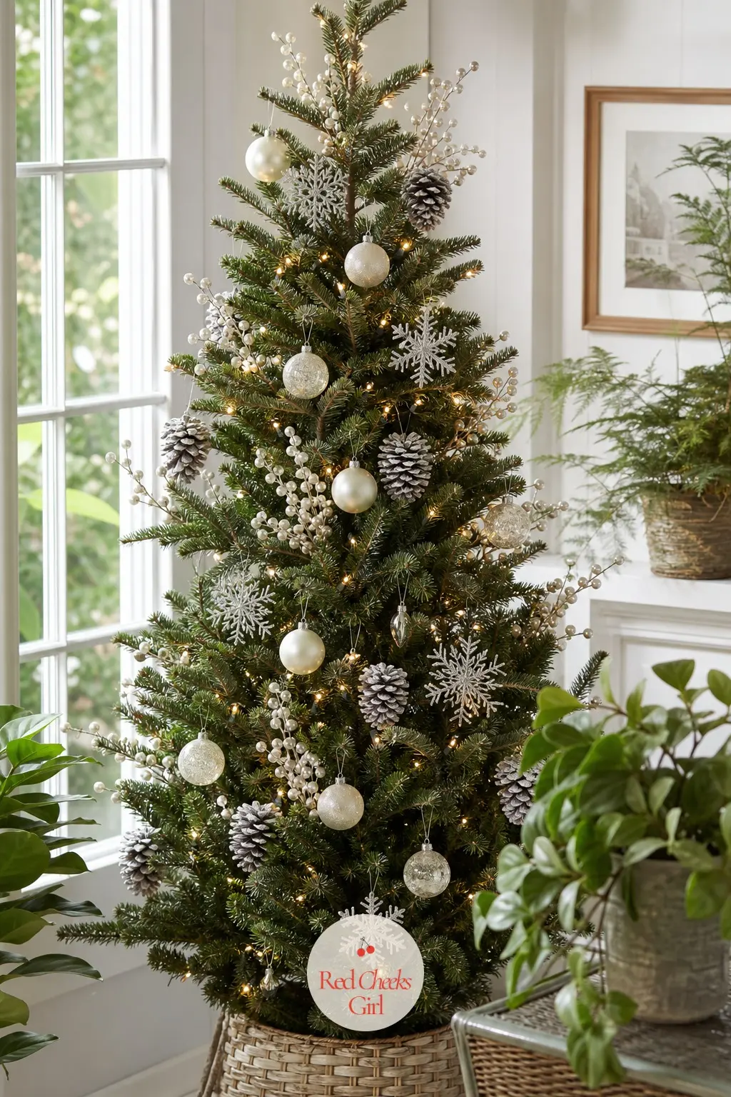 A Real Fir Dressed in Pearl and Frost — A cut Fraser fir, pruned to a slim profile at the lot rather than left full, with its natural gaps put to good use.